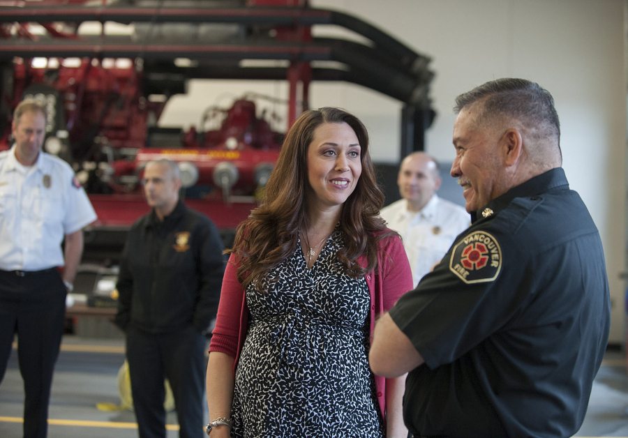 U.S. Rep. Jaime Herrera Beutler, R-Camas, chats with Vancouver Fire Chief Joe Molina on April 22 at the Vancouver Fire Department station in northeast Vancouver.