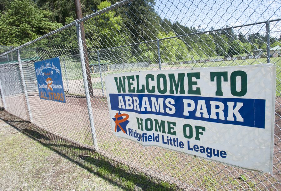 A sign welcomes visitors to Abrams Park baseball field in Ridgefield. The park is home to Ridgefield Little League and has featured a baseball field since at least the 1950s.