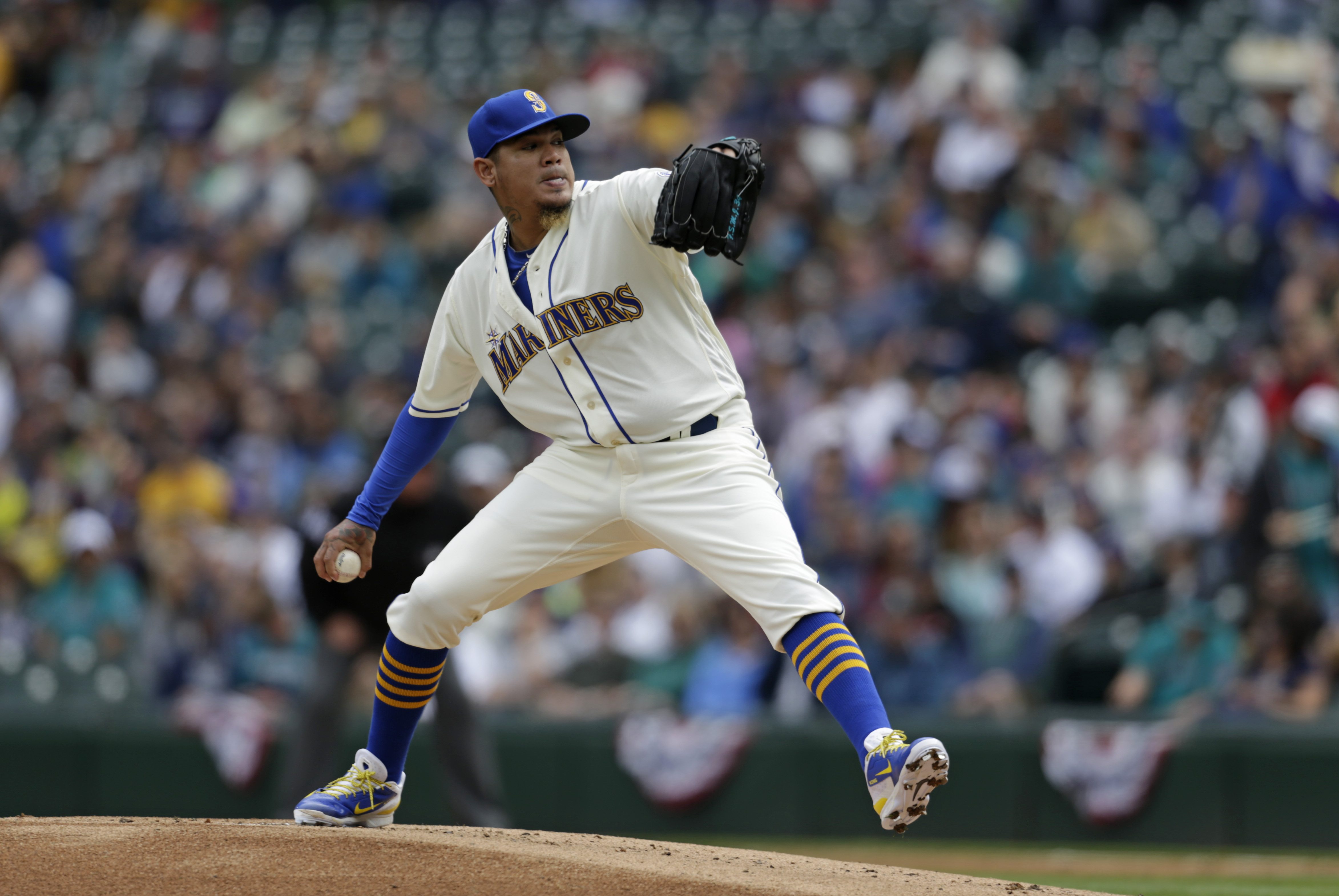 Seattle Mariners starting pitcher Felix Hernandez works against the Oakland Athletics during a baseball game on Sunday, April 10, 2016, in Seattle.