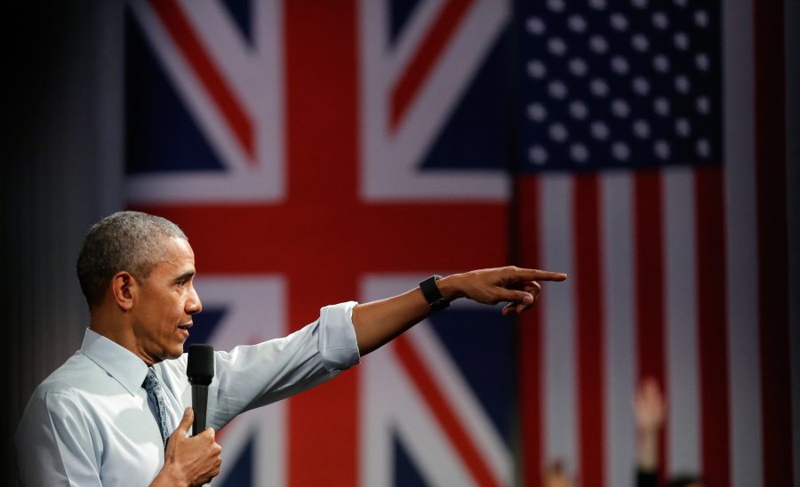 U.S. President Barack Obama takes a question as he speaks to a town hall meeting at Lindley Hall, the Royal Horticultural Society, in London, Saturday, April 23, 2016.  Obama held the town hall-style event in London taking questions on diverse subjects from the predominantly young people in the audience.