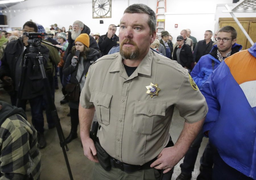 Harney County Sheriff David Ward arrives at a Jan. 6 community meeting at the Harney County fairgrounds in Burns, Ore.