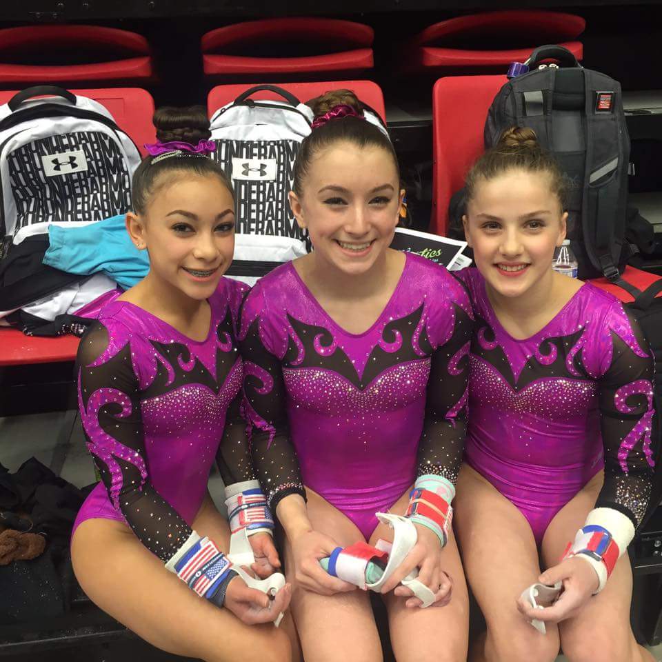 Naydenov Level 10 gymnasts Brooke Donabedian, Shaela Ausmus, and Alma Mintier-Vegh.