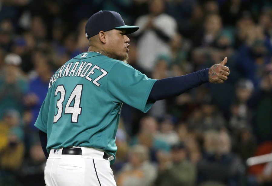 Seattle Mariners starting pitcher Felix Hernandez gives a thumbs-up as he is pulled from the team&#039;s baseball game against the Kansas City Royals in the eighth inning, Friday, April 29, 2016, in Seattle. The Mariners won 1-0. (AP Photo/Ted S.