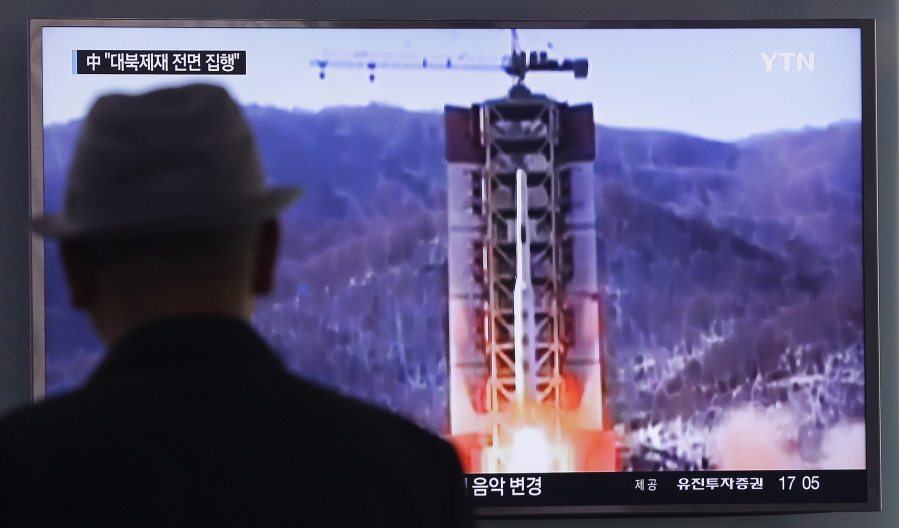 A man watches a TV news program showing a file footage of North Korea&#039;s rocket launch at Seoul Railway Station in Seoul, South Korea, Thursday. A suspected powerful intermediate-range North Korean missile crashed moments after liftoff Thursday, South Korea&#039;s Defense Ministry said, in what would be the second such embarrassing failure in recent weeks.