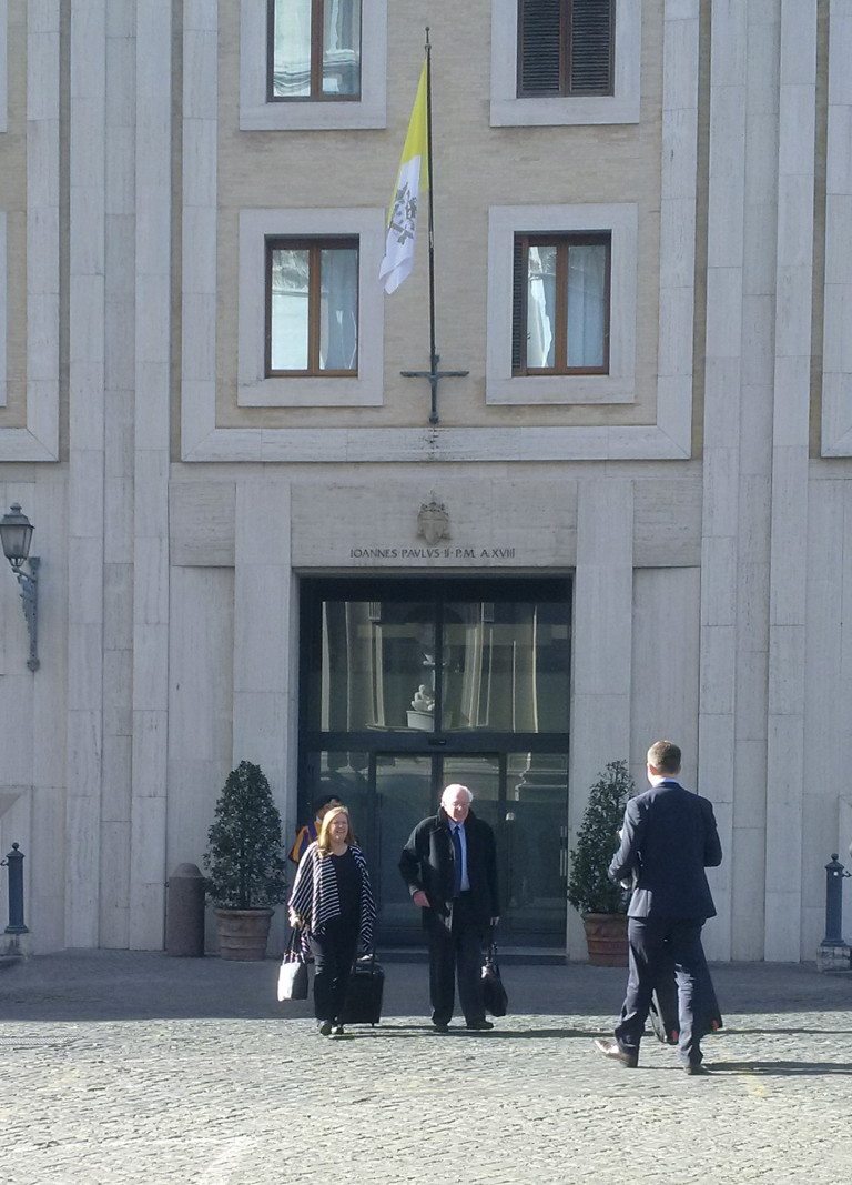 US presidential candidate Bernie Sanders, center, leaves the Domus Santa Marta hotel at the Vatican Saturday, April 16, 2016. Democratic presidential candidate Bernie Sanders says in an interview with The Associated Press that he met with Pope Francis. Sanders says the meeting took place Saturday morning before the pope left for his one-day visit to Greece. He says he was honored by the meeting, and that he told the pope he appreciated the message that he is sending the world about the need to inject morality and justice into the world economy. Sanders says it's a message he has been sending as well.
