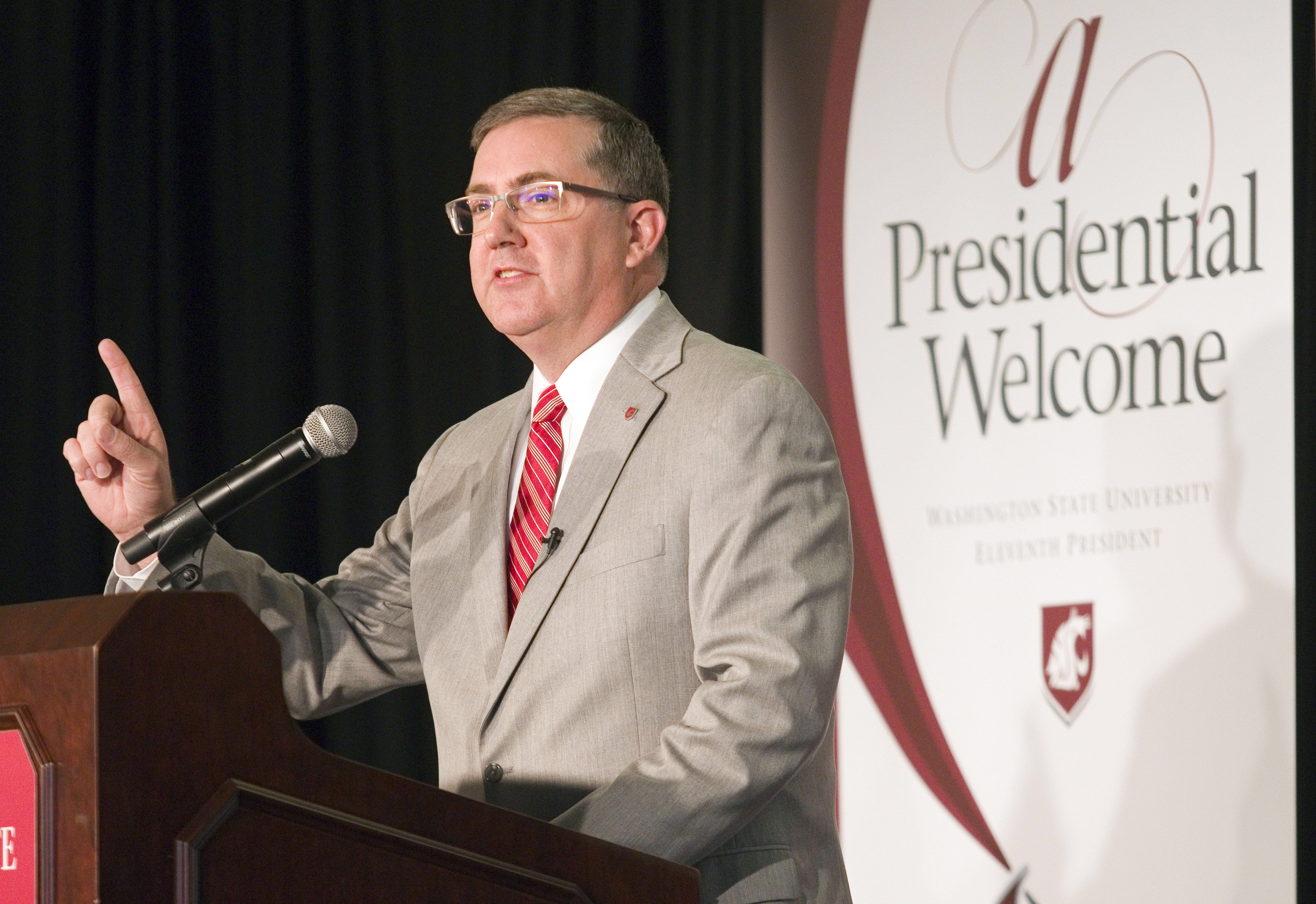 Incoming Washington State University President Kirk Schulz speaks Friday during his first visit to campus at the Compton Union Building in Pullman.