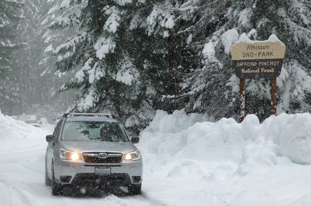 Atkisson Sno-Park is on the east edge of the Gifford Pinchot National Forest, a few miles west of the community of Trout Lake. Waves of warm weather have caused the snowpack to begin melting early, officials say.
