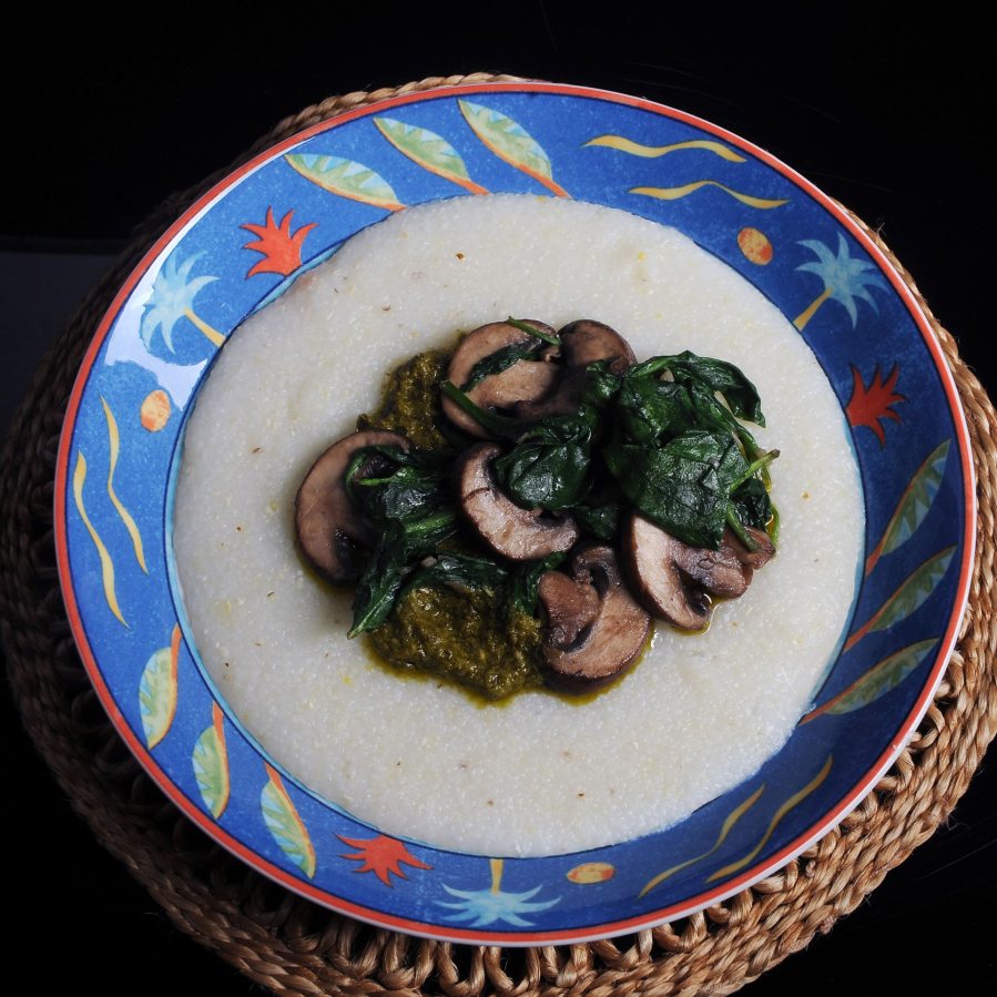 Grits with pesto, baby bella mushrooms and spinach.