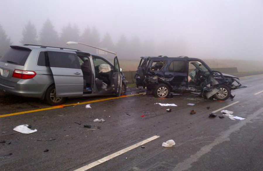 Joshua Frahm is accused of causing a sequence of crashes Dec. 7, 2014, that mortally injured Richard G. Irvine of Camas. This photo was taken by a Washington State Patrol trooper at the scene.