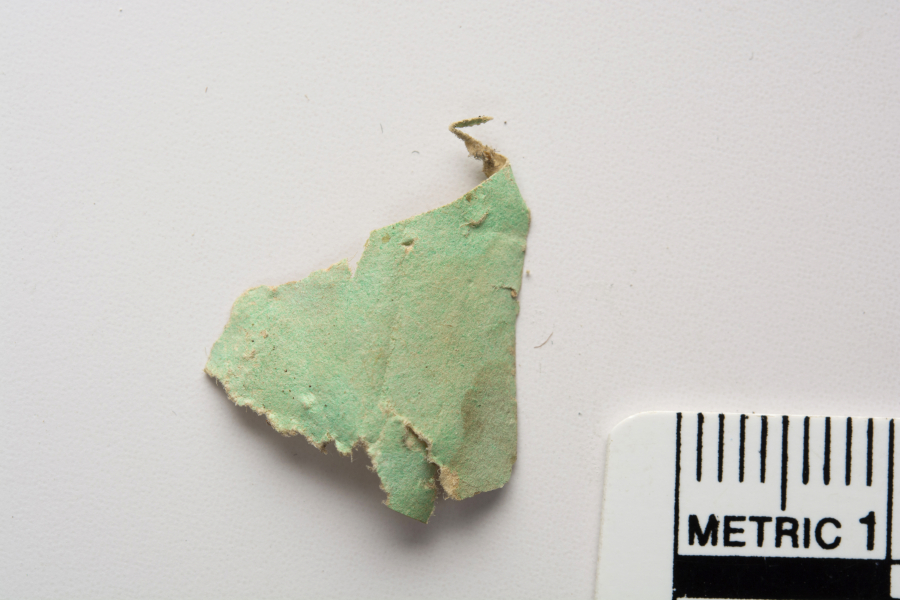 A fragment of 18th-century wallpaper found under the floorboards of a bedroom at Mount Vernon. This green verditer pigment was used as the background color of the reproduction wallpaper hung in the current restoration.