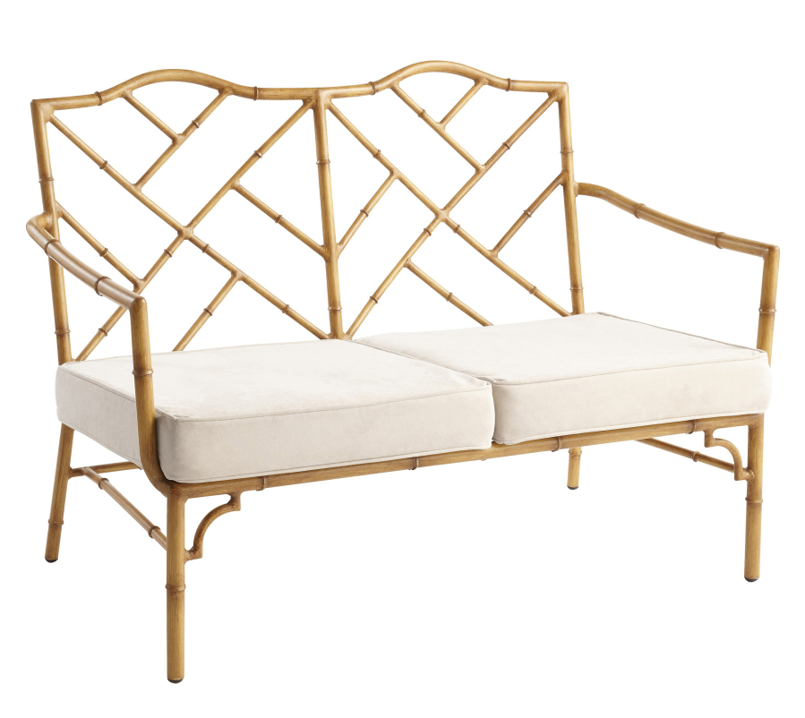 Bayan Deluxe Loveseat, made of rustproof aluminum, is at home indoors or out ($430, pier1.com).