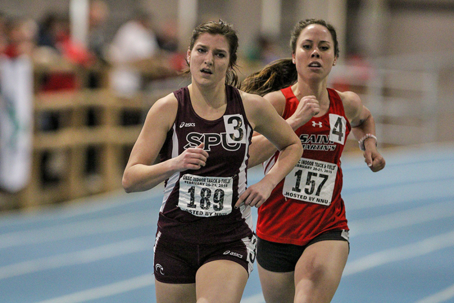 Seattle Pacific&#039;s Lynelle Decker, left, and Shannon Porter of Saint Martin&#039;s, here during the Great Northwest Athletic Conference 2015 indoor championships, finished 1-2 in the GNAC outdoor 1,500 meters Saturday.