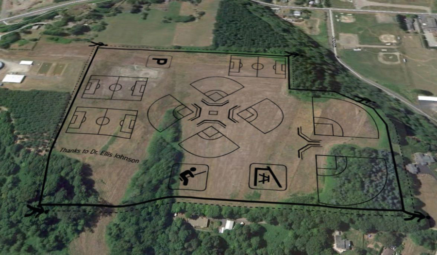 This field overlay image shows how the Scott Hill Park and Sports Complex in Woodland might look once development is complete.