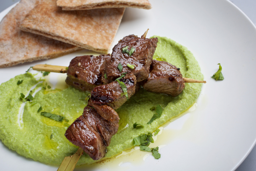 Pea Hummus With Grilled Marinated Lamb.
