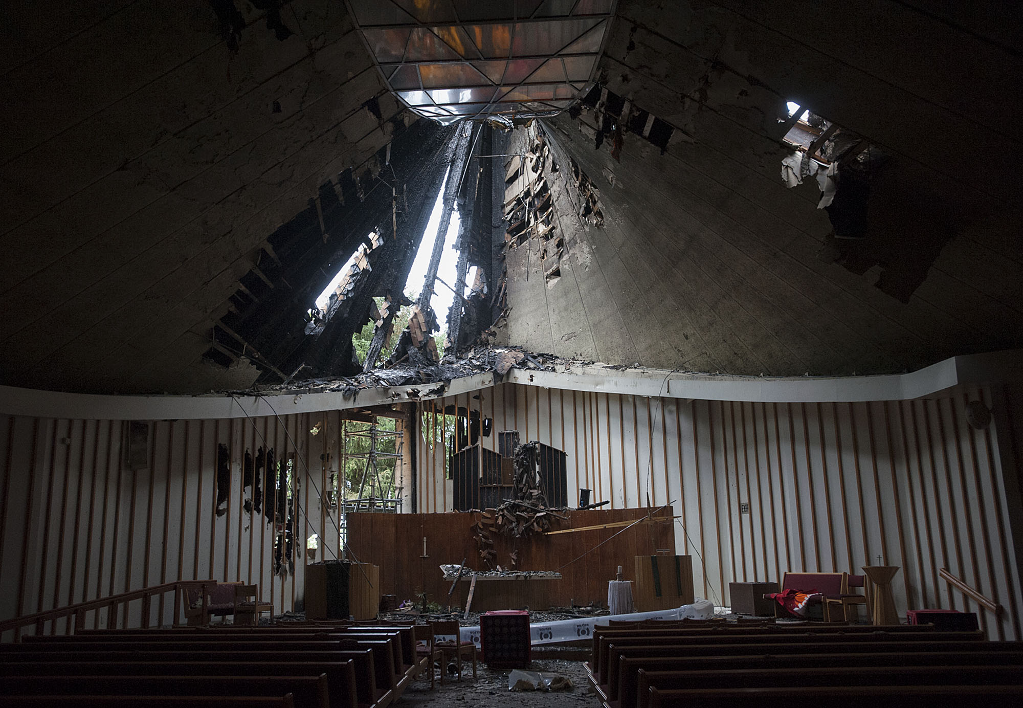 Fire damage to the First Congregational United Church of Christ is seen  May 26.