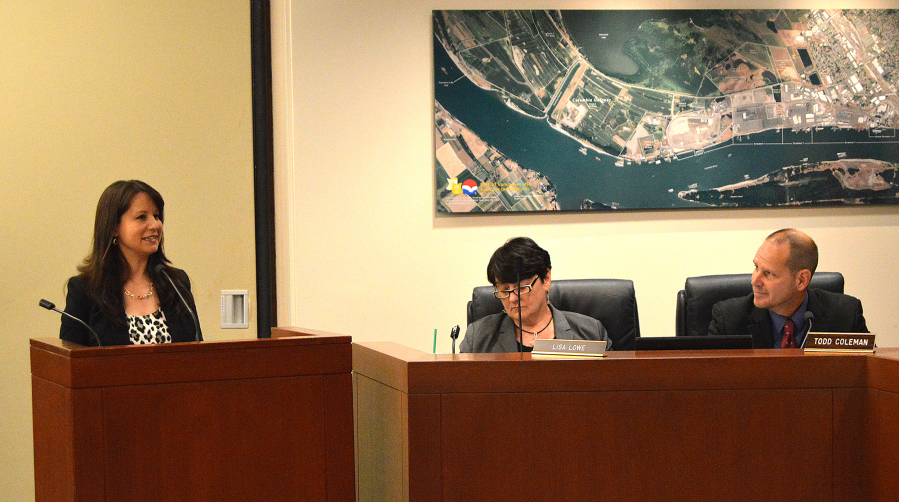 From left, interim Port of Vancouver CEO Julianna Marler, port attorney Lisa Lowe and departing port CEO Todd Coleman answer commissioner questions before Marler&#039;s appointment Tuesday morning.