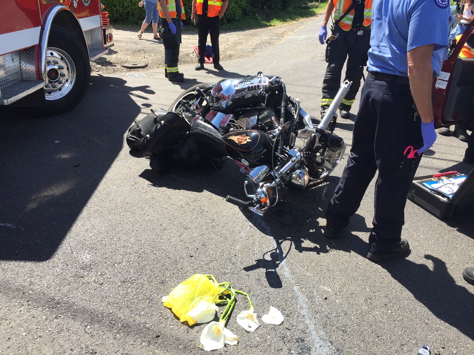A man and woman riding this motorcycle were taken to PeaceHealth Southwest Medical Center with critical but non life-threatening injuries following a Thursday afternoon collision on Northeast 137th Avenue south of Fourth Plain Boulevard, according to the Vancouver Fire Department.