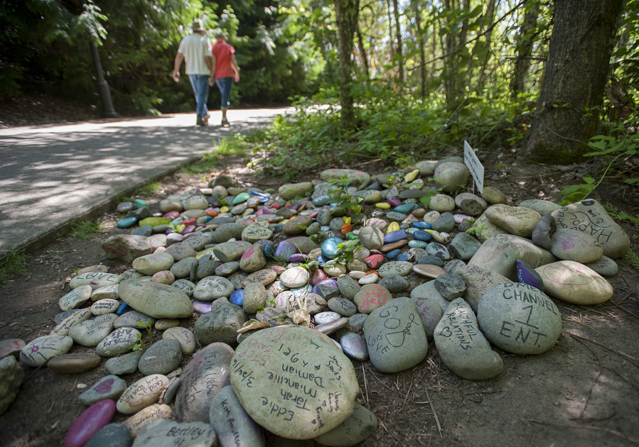 It might be appropriate, during a Memorial Day outing, to visit this DIY rock garden, where people are inscribing stones with the people and things they love.