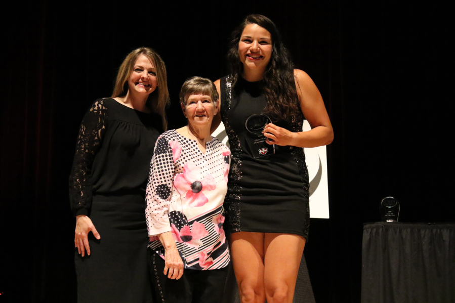 Hockinson High graduate Taylor Van Valey, right, was named Northwest Nazarene University top female senior athlete. She competed in volleyball and track and field. At left is NNU athletic director Kelli Lindley. At center is Dr. Martha Hopkins, one of the women for whom the Hopkins-Humphrey Female Athlete Award is named.