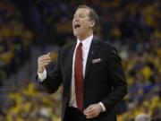 Portland Trail Blazers head coach Terry Stotts yells during the first half in Game 1 of a second-round NBA basketball playoff series against the Golden State Warriors in Oakland, Calif., Sunday, May 1, 2016.