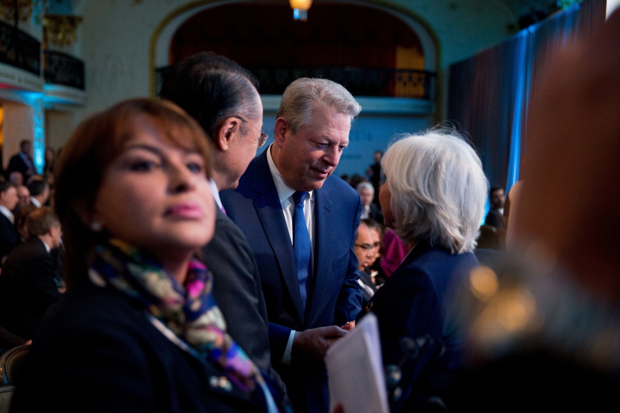 Former Vice President Al Gore, center, arrives before a speech by United Nations Secretary General Ban Ki-moon at the Climate Action 2016 Summit at the Mayflower Hotel in Washington on Thursday.