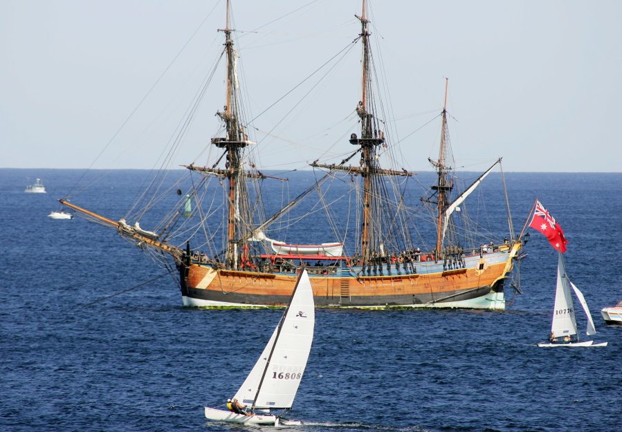 The replica of the ship, the Endeavour, lies at anchor after it was removed from a sandbar in Botany Bay, Sydney. Researchers are set to announce on Wednesday that they believe the original Endeavour is submerged somewhere in Rhode Island?s Newport Harbor.
