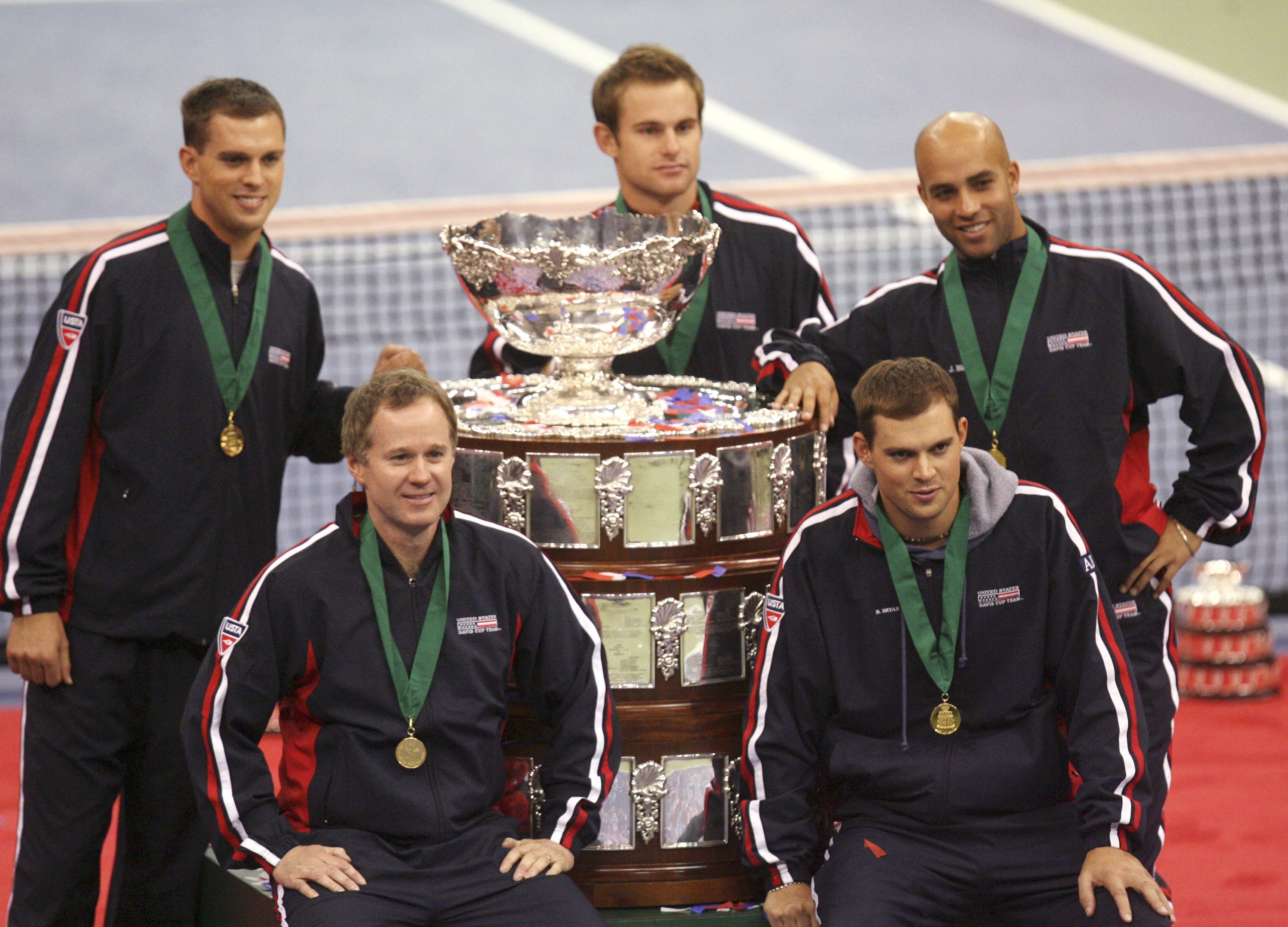 The last time the U.S. Davis Cup team played in the area was 2007 when Mike Bryan, Andy Roddick, James Blake, left to right front, captain Patrick McEnroe and Bob Bryan won the Davis Cup title over Russia at the Memorial Coliseum.