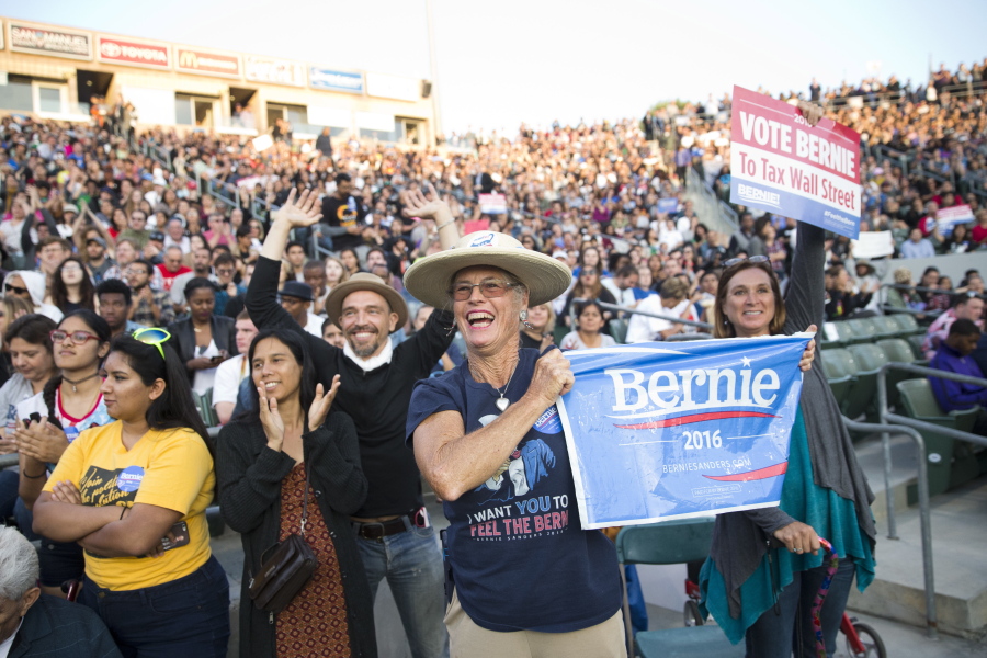 Supporters cheer while listening to a speaker talking about Democratic presidential candidate Sen. Bernie Sanders, I-Vt., during a rally on Tuesday in Carson, Calif. (AP Photo/Jae C.