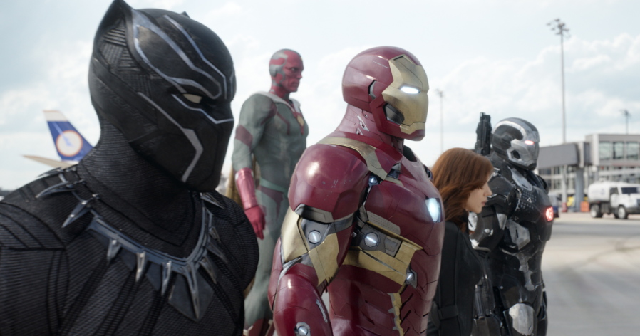 Chadwick Boseman, from left, as Black Panther, Paul Bettany as Vision, Robert Downey Jr.