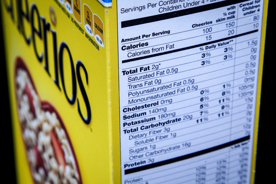 The nutrition facts label on the side of a cereal box is photographed in Washington. Nutrition facts labels on food packages are getting a long-awaited makeover, with calories listed in bigger, bolder type and a new line for added sugars. (AP Photo/J.