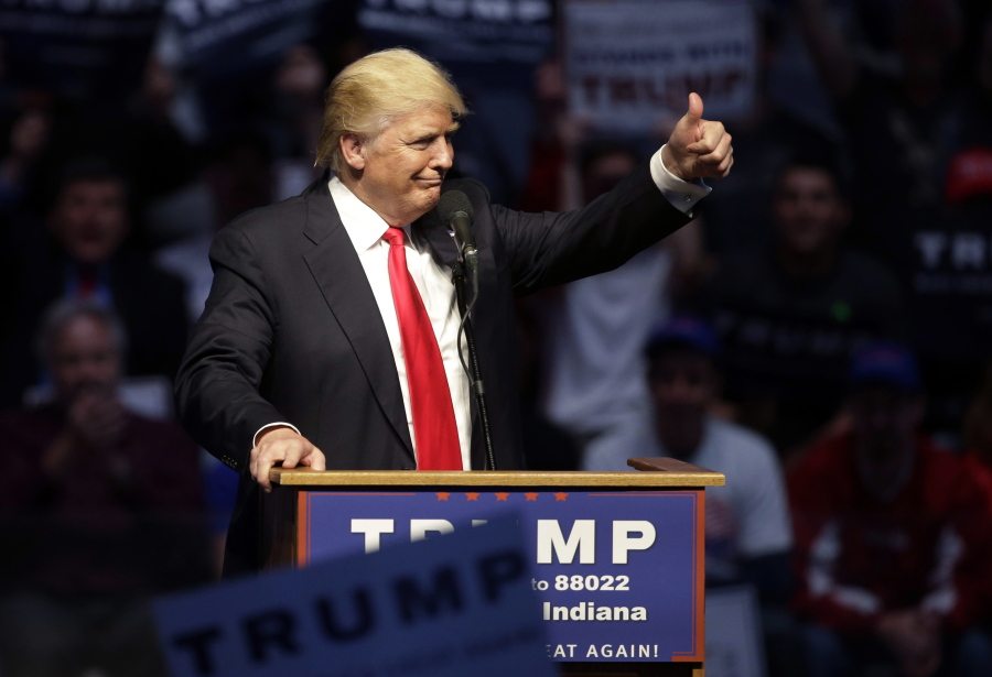 Republican presidential candidate Donald Trump gestures Wednesday during a campaign stop in Indianapolis.
