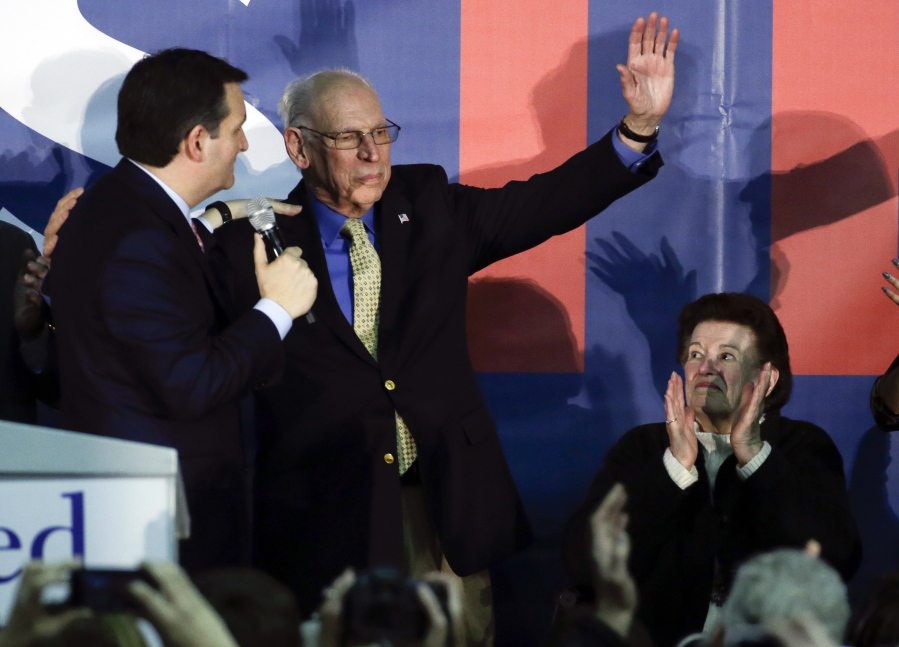 Republican presidential candidate, Sen. Ted Cruz, R-Texas greets his father, Rafael, as his mother, Eleanor Darragh, applauds during a rally in Des Moines, Iowa, in February, Republican front-runner Donald Trump rehashed claims Tuesday that his rival Ted Cruz?s father has links to President John F. Kennedy?s assassin Lee Harvey Oswald.