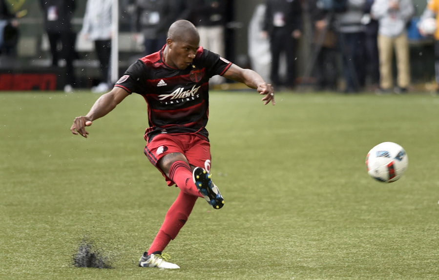 Portland Timbers midfielder Darlington Nagbe scores a goal during the second half of an MLS soccer game against the Vancouver Whitecaps in Portland, Ore., on Sunday, May 22, 2016.
