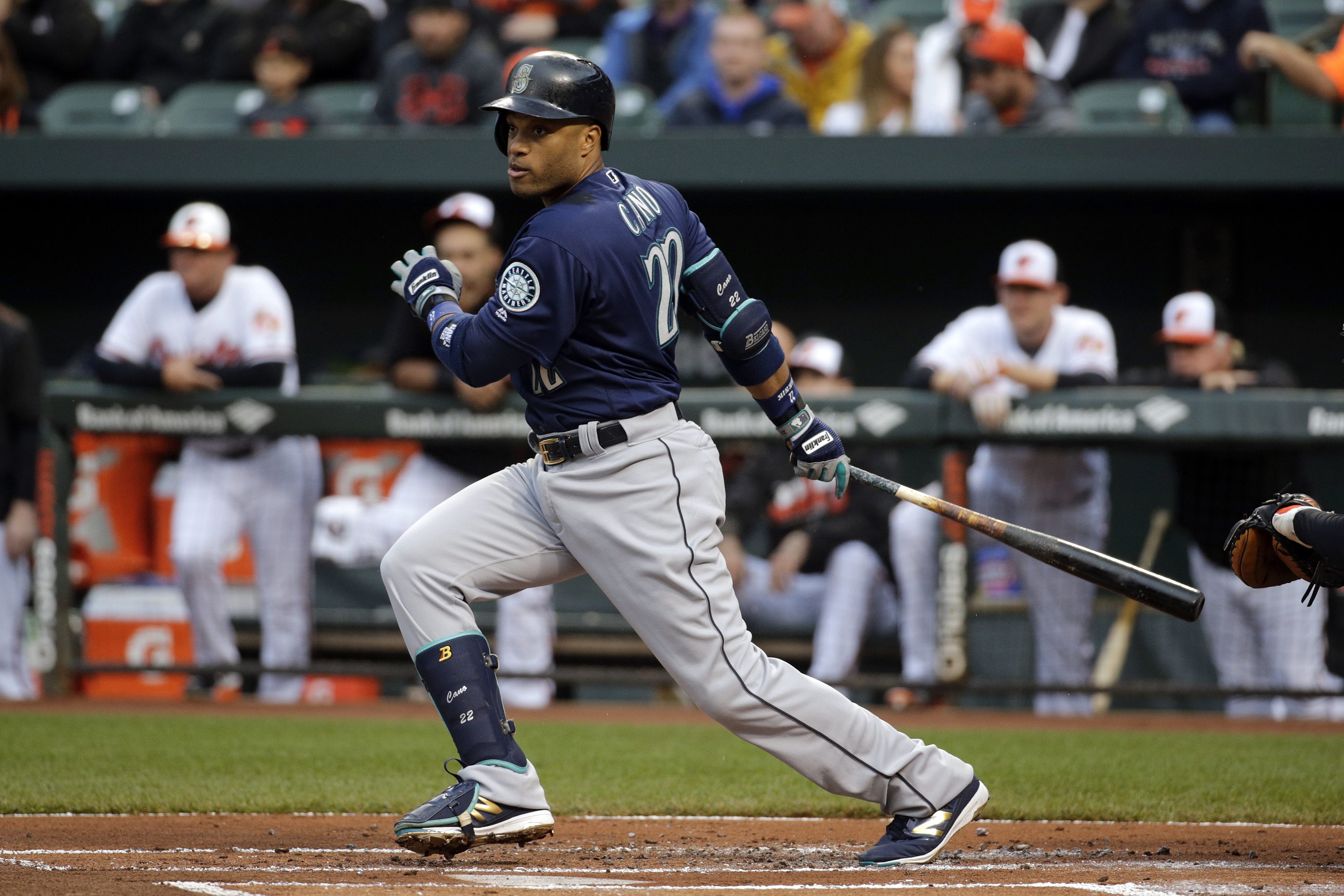 Seattle Mariners' Robinson Cano doubles in the first inning of a baseball game against the Baltimore Orioles in Baltimore, Tuesday, May 17, 2016.