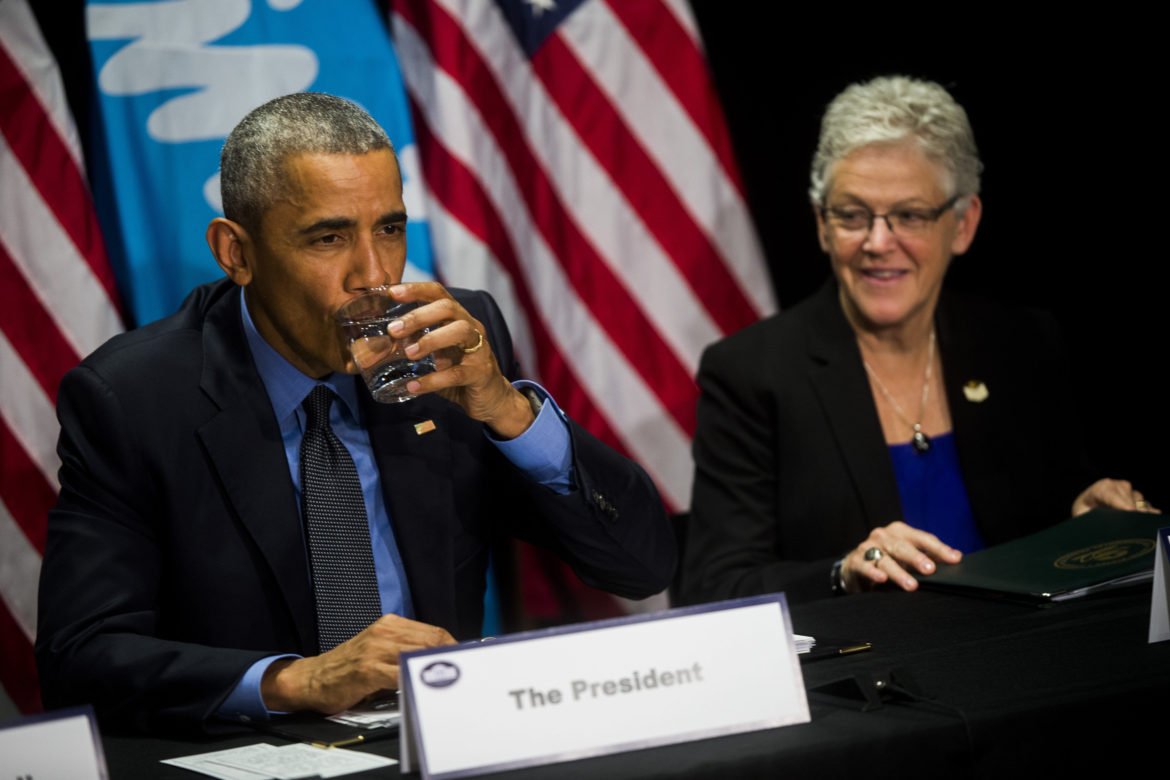 President Barack Obama drinks filtered Flint tap water at a roundtable discussion with city, state and national officials on Wednesday, May 4, 2016 at the Food Bank of Eastern Michigan in Flint. President Obama drank filtered city water to show that it is again safe to drink following a lead-contamination crisis.