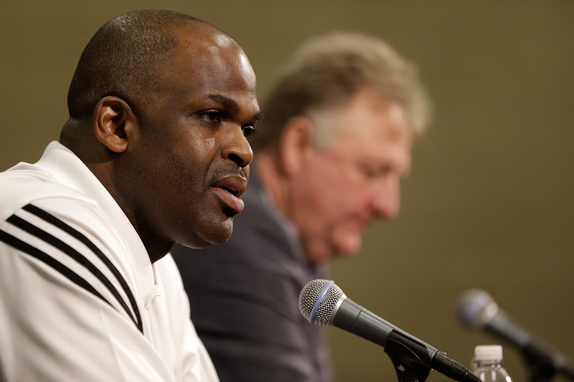 After being announced as the Indiana Pacers' new head coach by Larry Bird, president of basketball operations, Nate McMillan speaks during a news conference Monday, May 16, 2016, in Indianapolis.