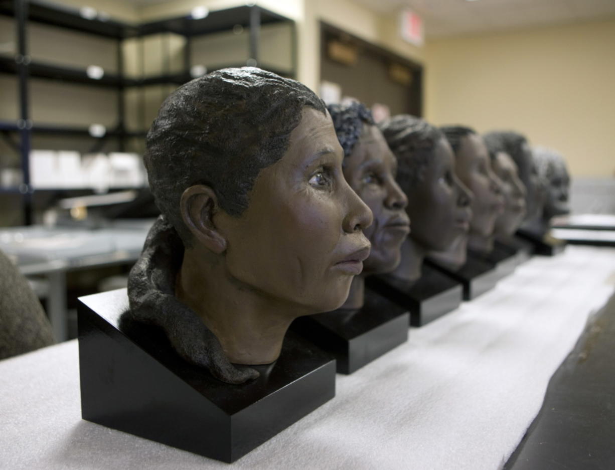 Facial reconstructions of slaves found at an unmarked cemetery are shown at the New York State Museum in Albany, N.Y. The reconstructions were done by the museum. Fourteen slaves will be buried a second time, a decade after construction workers accidentally uncovered their remains north of Albany.
