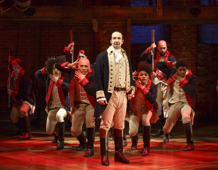 Lin-Manuel Miranda, foreground, stars with the cast during a performance of &quot;Hamilton,&quot; in New York.
