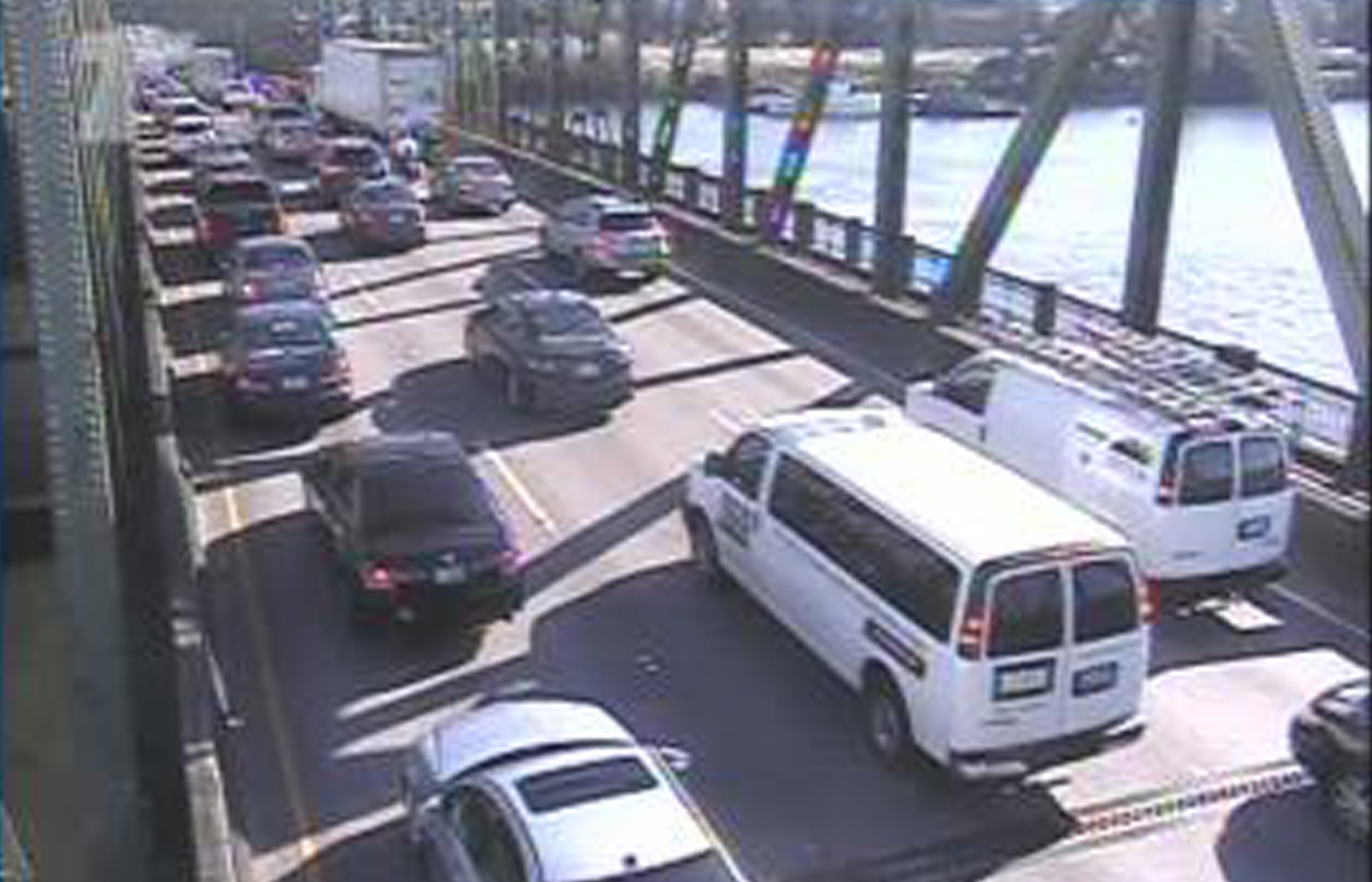 This traffic cam image shows traffic at the sound end of the southbound lanes on the Interstate 5 Bridge at a standstill at 5:53 p.m. Sunday, a little more than an hour after a fatal crash on I-5 just south of the bridge.