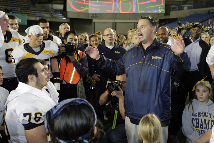 Bellevue head coach Butch Goncharoff tells his players, &quot;If there&#039;s a better team in the country, let&#039;s go play them,&quot; after Bellevue beat Eastside Catholic 35-3 to win the 3A division high school state championship football game for the fifth consecutive time, Friday, Nov. 30, 2012, in Tacoma, Wash. (AP Photo/Ted S.