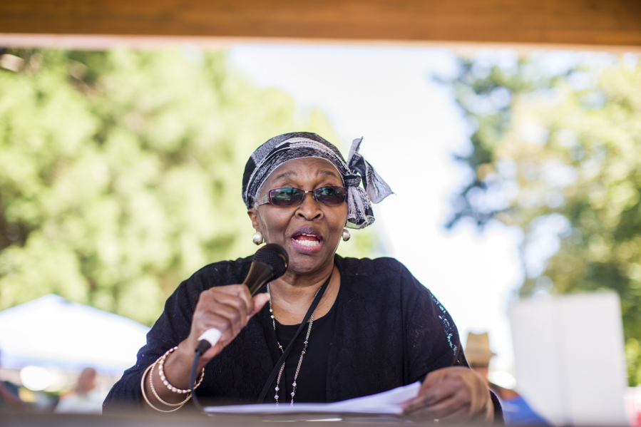 The Rev. Marva J. Edwards gives the opening remarks during last year&#039;s Juneteenth event at Marshall Park, held by the Vancouver chapter of the National Association for the Advancement of Colored People.