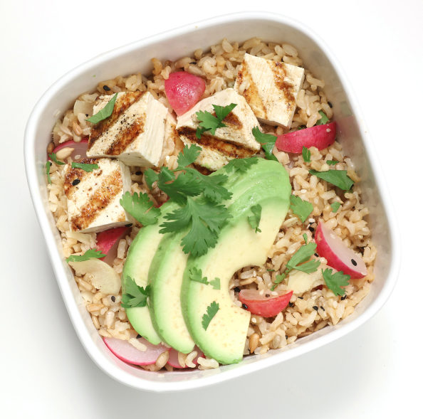 Nigella Lawson&#039;s rice bowl features ginger, radish and avocado. We added grilled tofu for extra protein.