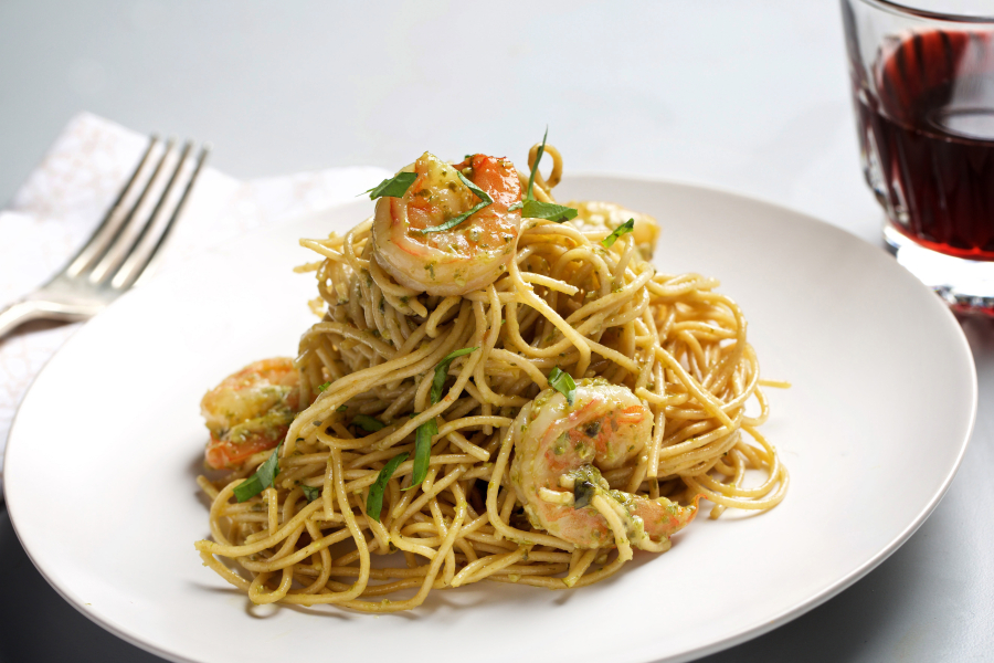 Spaghetti With Shrimp and Pesto.
