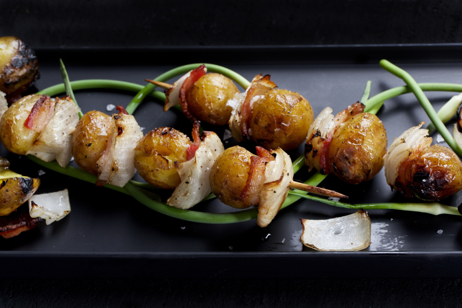 Grilled Potato, Onion and Bacon Skewers (Deb Lindsey for The Washington Post)