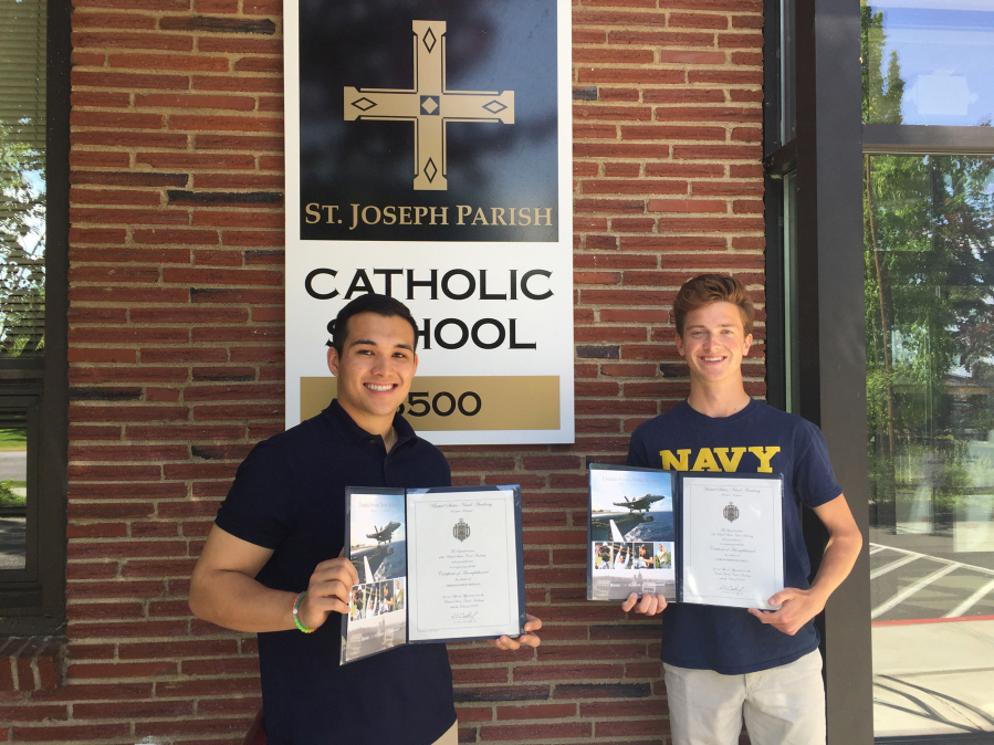 Tommy Brennan, left, and Andrew Newell were recently appointed to the Naval Academy class of 2020. The two friends attended St. Joseph Catholic School in Vancouver before moving on to different high schools.