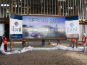 Officials unveiled a billboard announcing the name of the Cowlitz casino will be Ilani, meaning "sing."  (Natalie Behring for the Columbian)