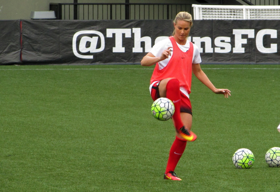 Amandine Henry warms up before her first start for the Portland Thornsat Providence Park in Portland. Henry recently joined the Thorns of the National Women's Soccer League after playing in her native France. (AP Photo/Anne M.
