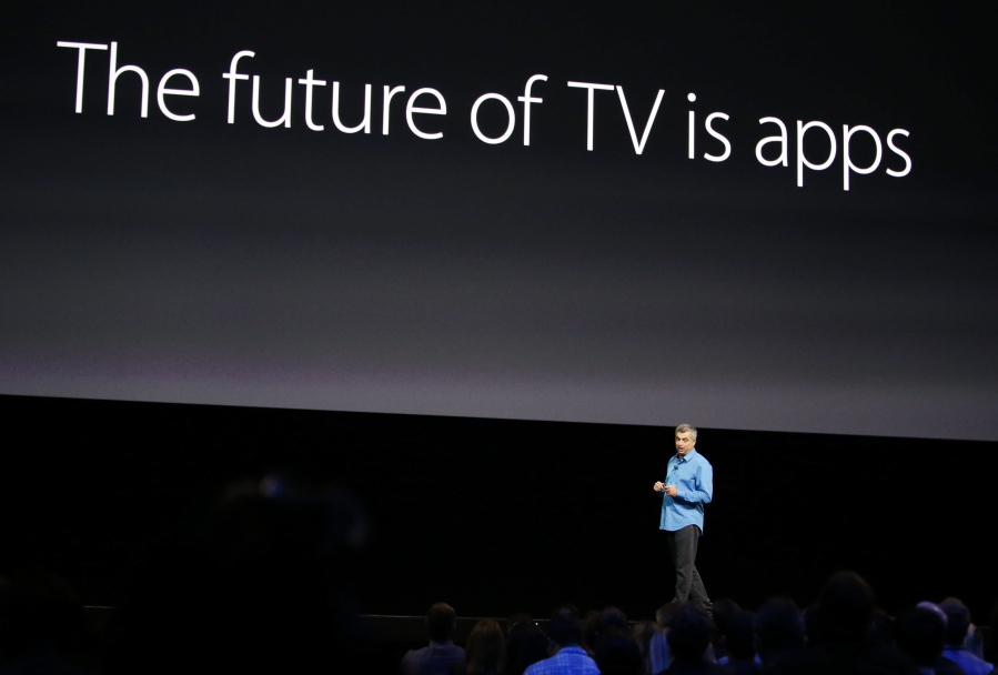 Eddy Cue, Apple senior vice president of internet software and services, speaks about tvOS on Monday at the Apple Worldwide Developers Conference in the Bill Graham Civic Auditorium in San Francisco.