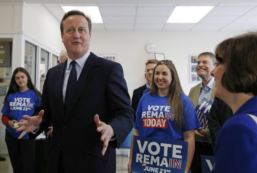 Prime Minister David Cameron speaks Tuesday during a European Union-related visit to Panorama Antennas, a small family business in south London.  A referendum on Britain leaving the EU is Thursday.