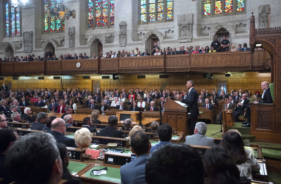 President Barack Obama addresses Parliament on Wednesday in the House of Commons in Ottawa, Canada.